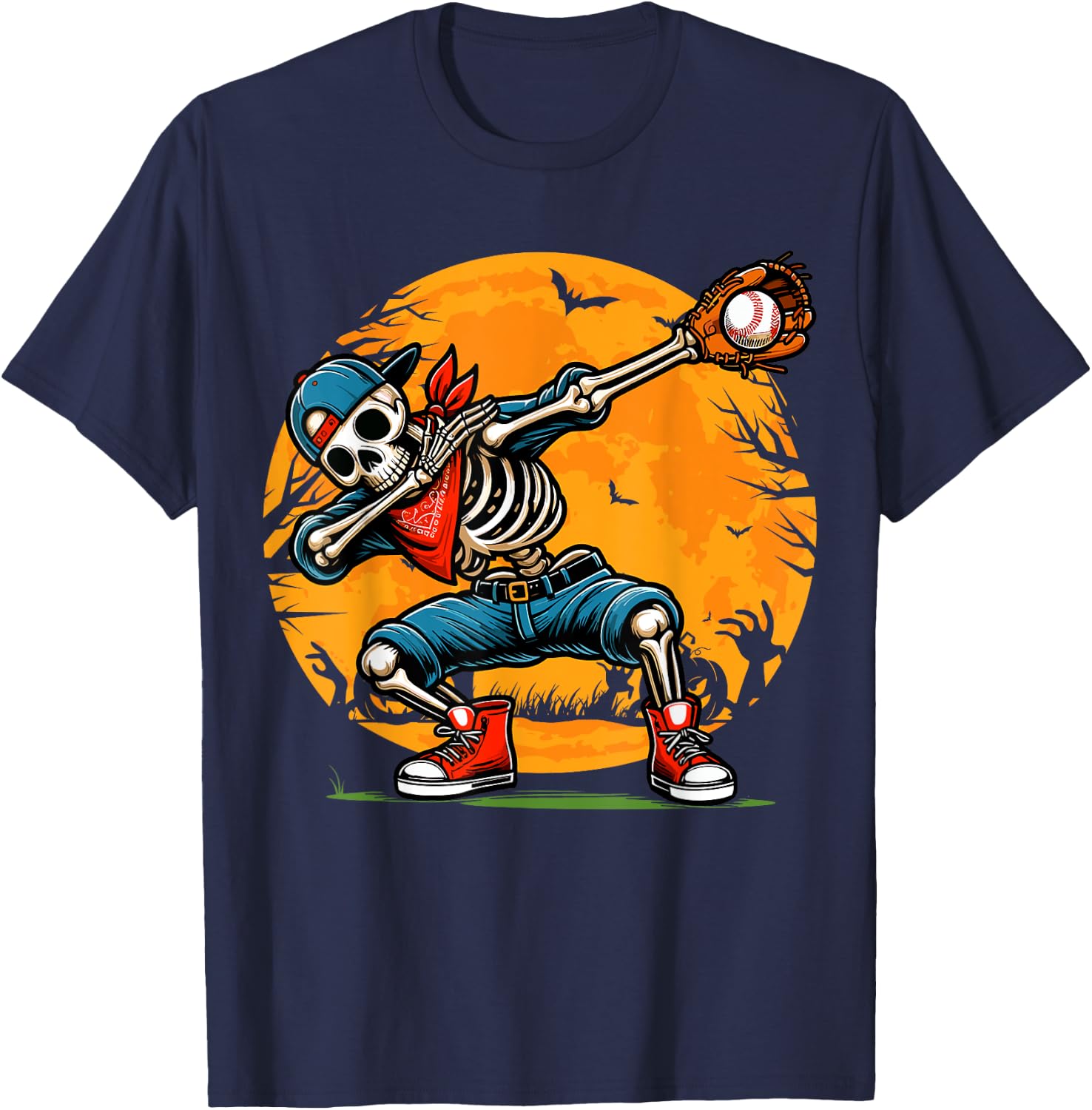 Dabbing Skeleton Baseball Halloween Spooky Baseball Player T-Shirt - T-Shirt | Navy