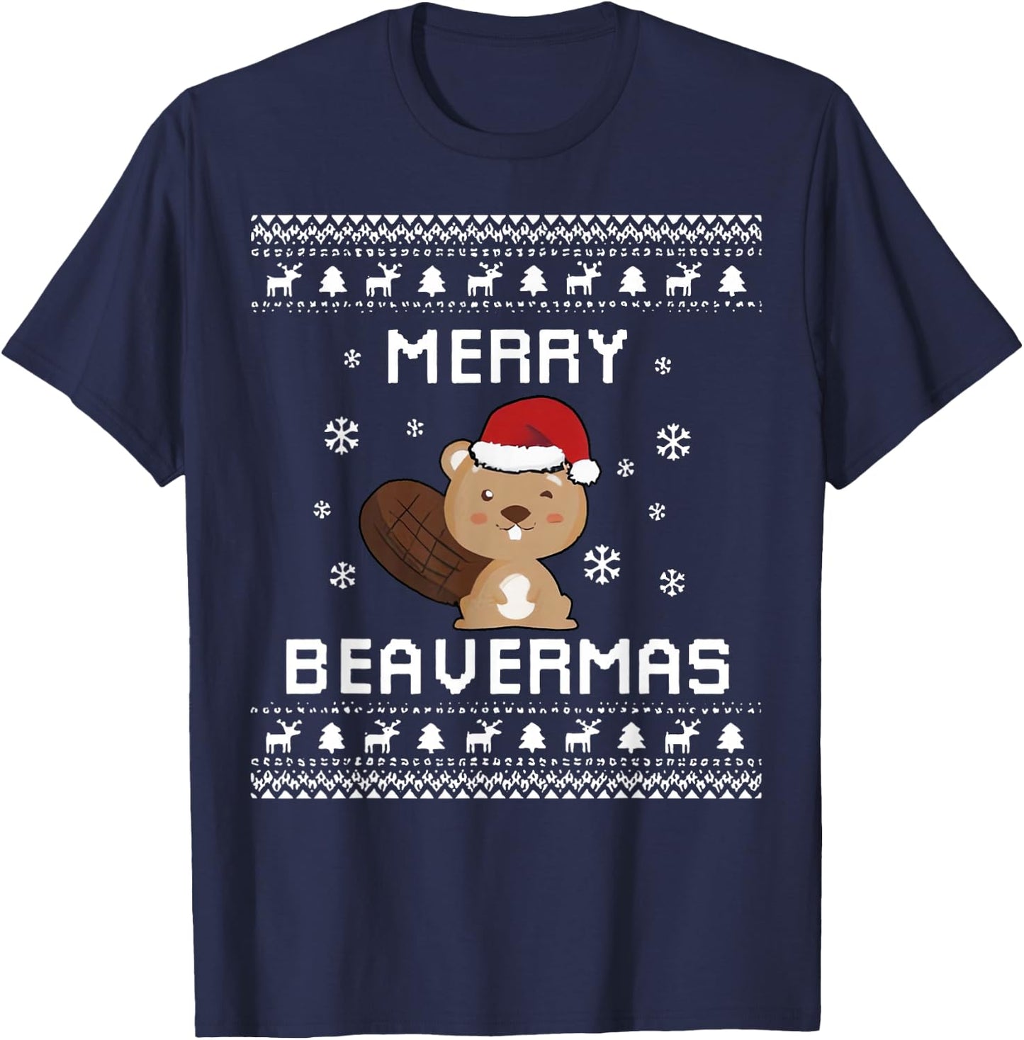 Merry Beavermas Beaver Ugly Christmas Holiday Winter Xmas T-Shirt - T-Shirt | Navy