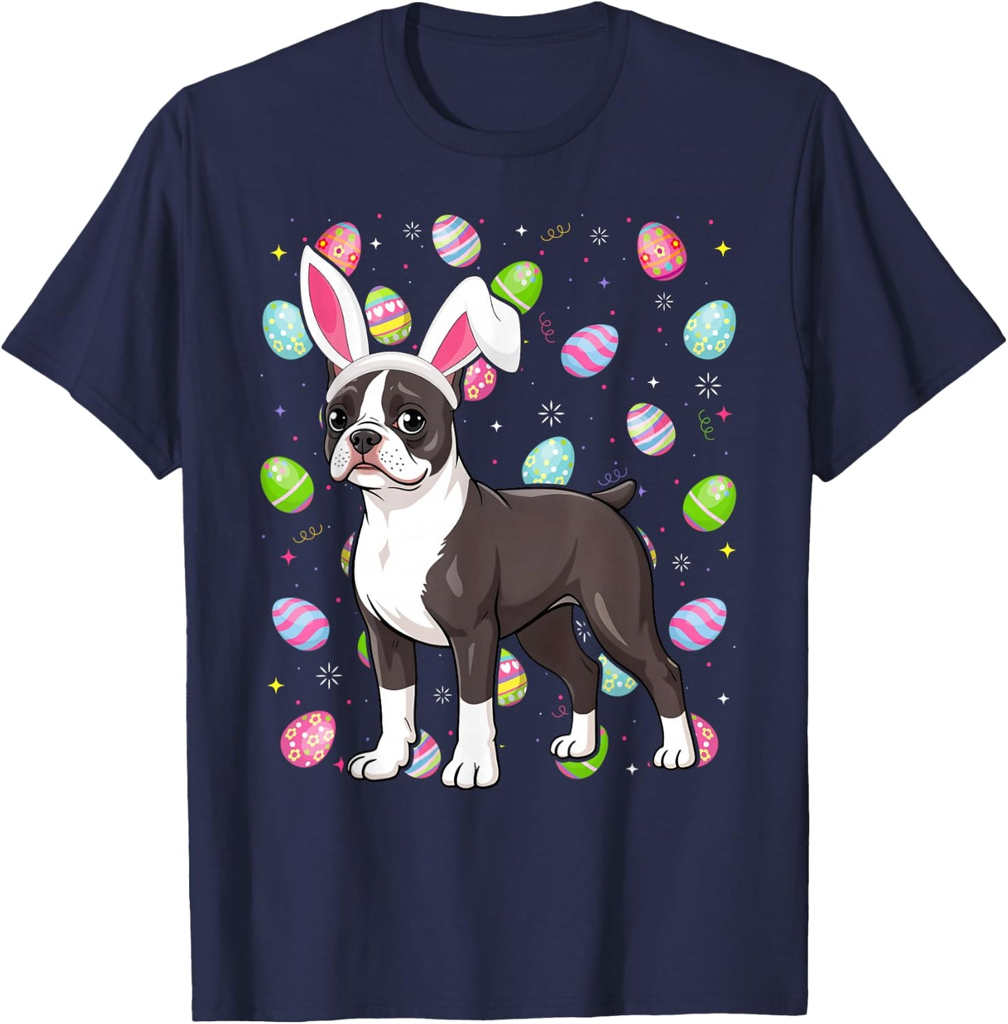 Boston Terrier Dog Happy Easter Egg Hunt Bunny Ear Easter T-Shirt - T-Shirt | Navy