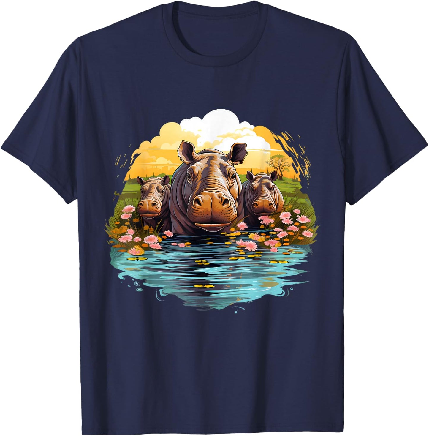 Hippo Floral Artwork Nature Wildlife Hippopotamus Savanna T-Shirt - T-Shirt | Navy