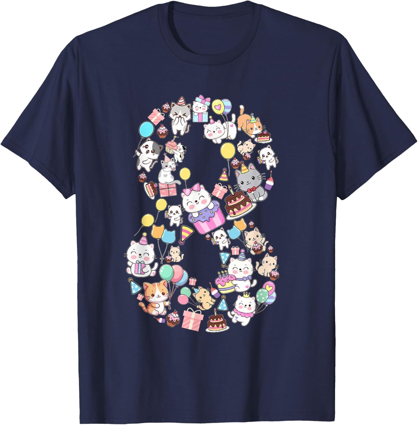 8 Year Old Cat Lover 8th Birthday Cat Animals Themed T-Shirt - T-Shirt | Navy