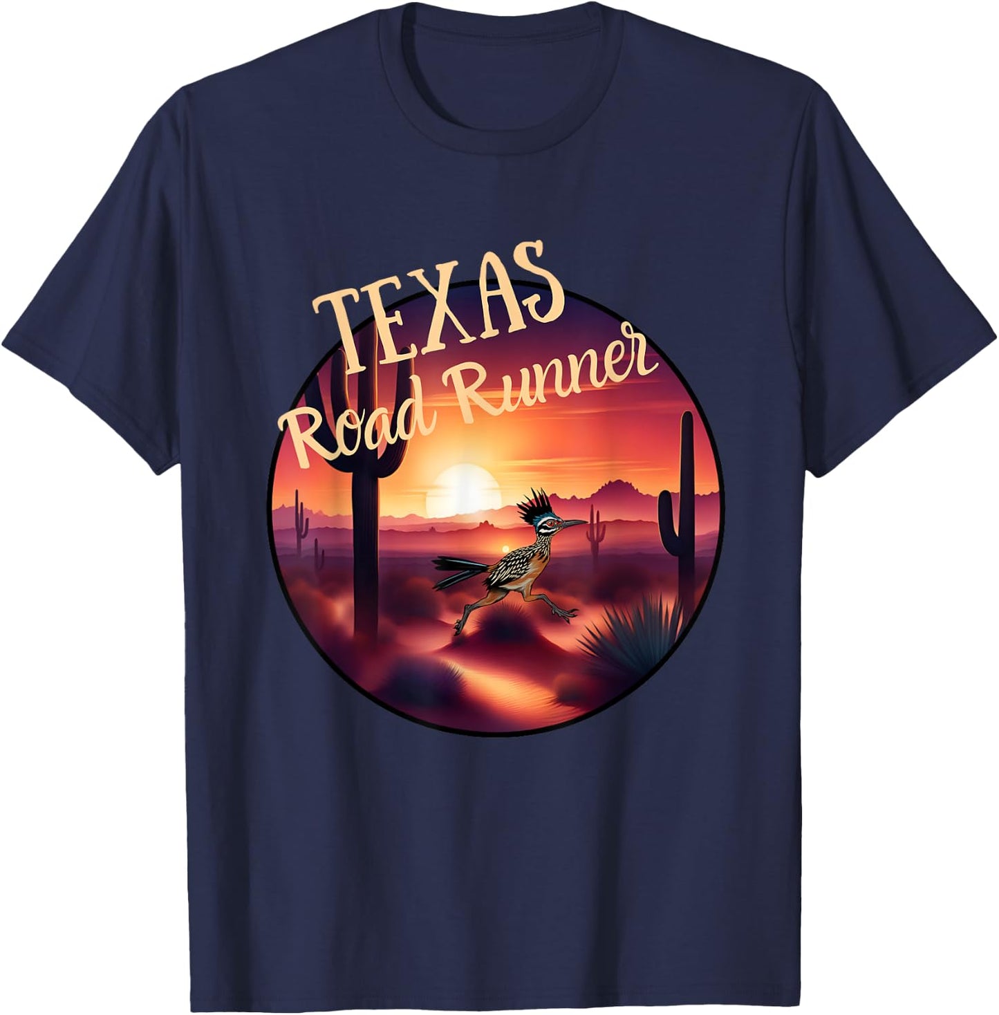 Texas Road Runner Cactus Sunset in the Desert Bird Lover T-Shirt - T-Shirt | Navy