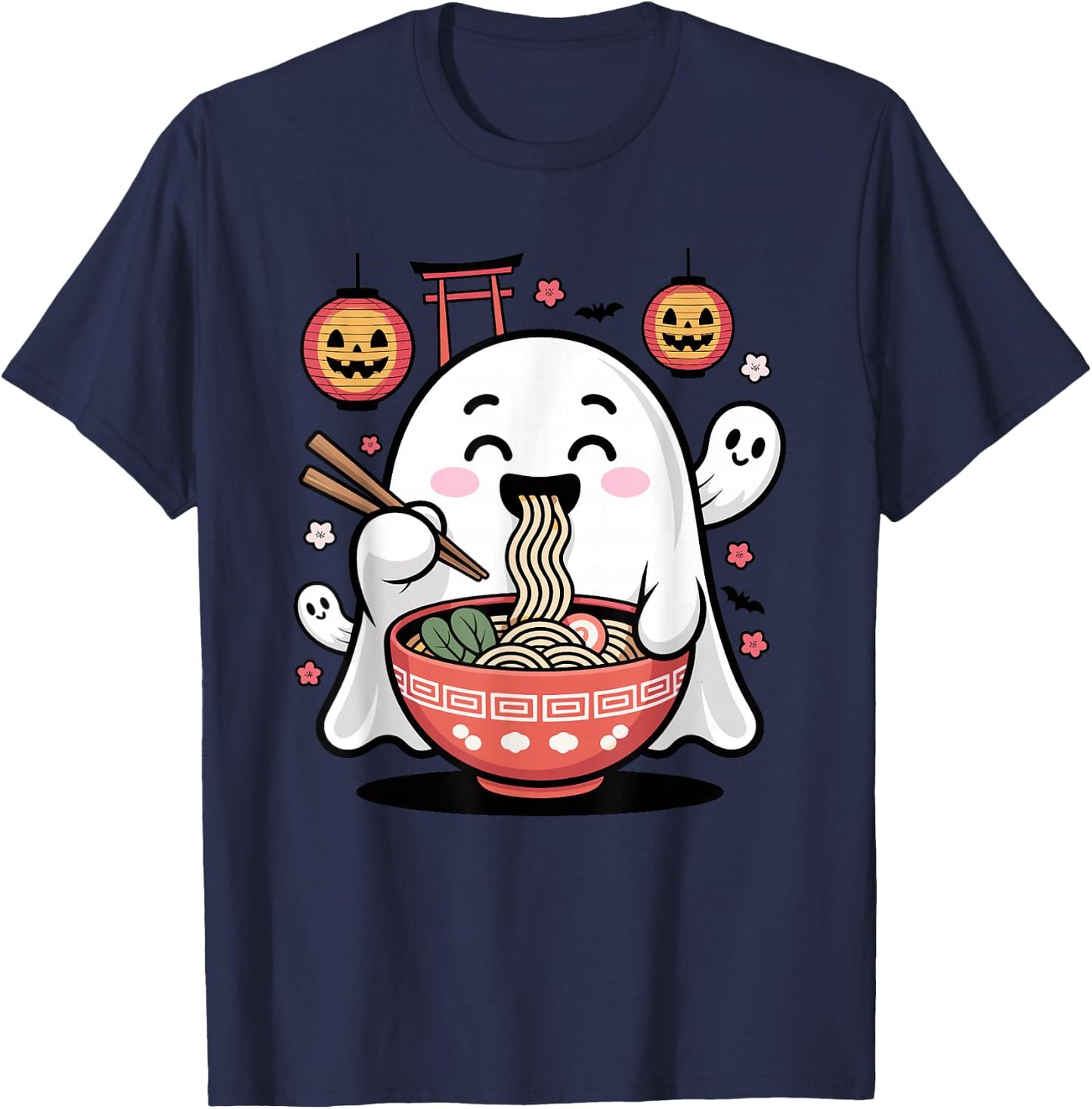 Mignon fantôme Mangeant Ramen Halloween Kawaii Effrayant T-Shirt - T-Shirt | Navy