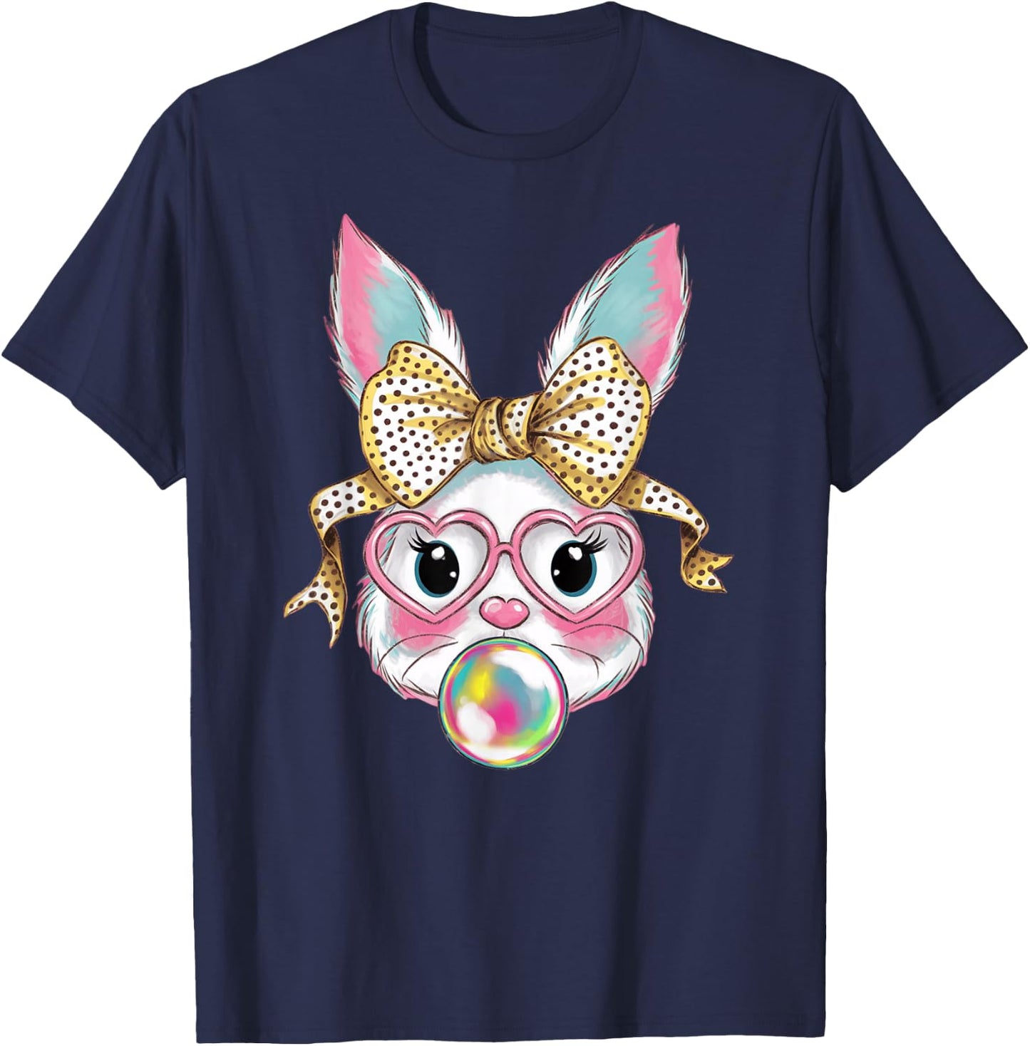 Cute Rabbit Bunny Face Blowing Bubble Gum Easter Day Girls T-Shirt - T-Shirt | Navy