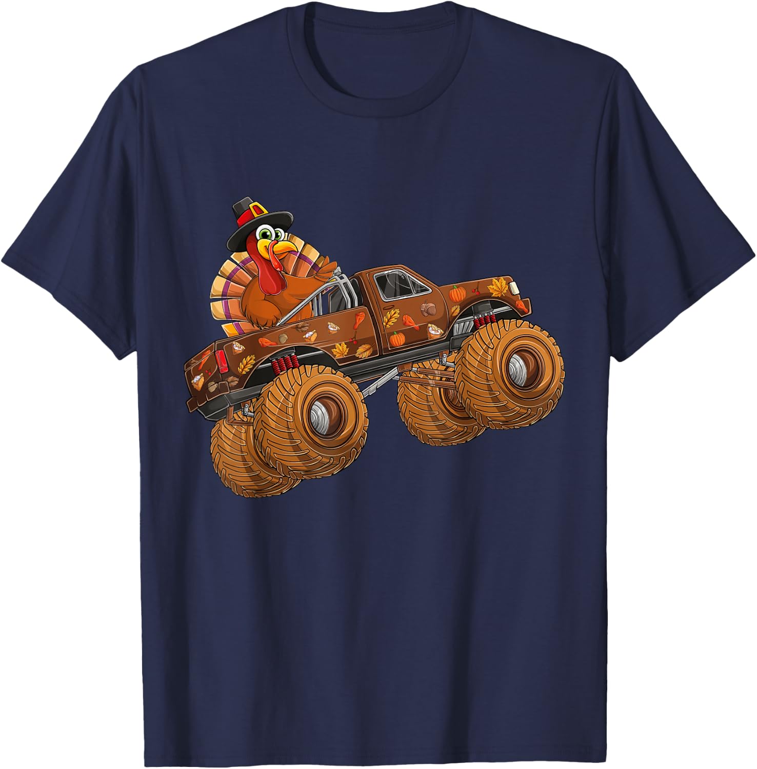 Funny Thanksgiving Turkey Day Riding Monster Truck Kids Boy T-Shirt - T-Shirt | Navy