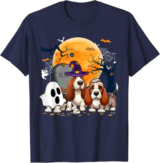 Three Halloween Basset Hounds Cosplay Witch Ghost Mummy T-Shirt - T-Shirt | Navy