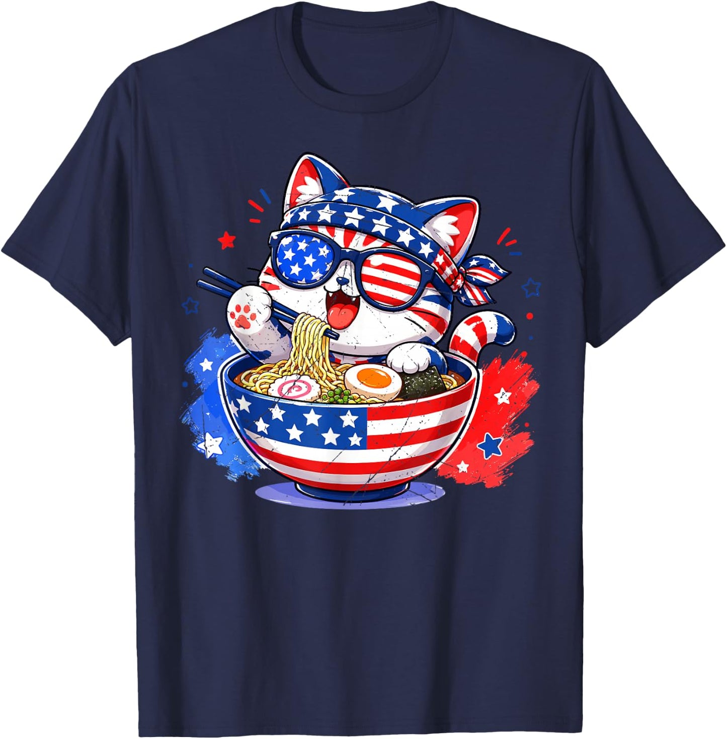Cute Cat Ramen Anime American Flag USA Patriotic 4th of July T-Shirt - T-Shirt | Navy