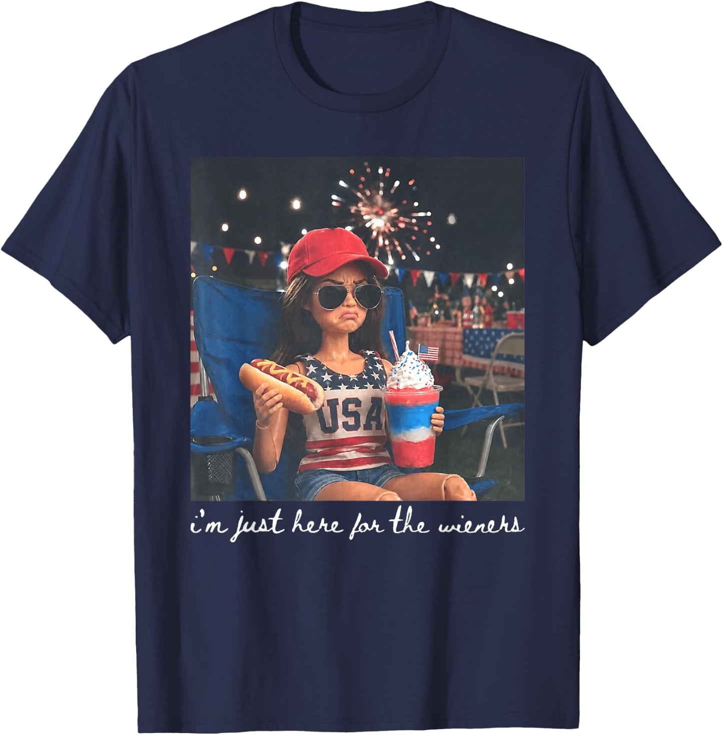 Just Here for The Wieners Funny 4th of July Girl Face Meme T-Shirt - T-Shirt | Navy