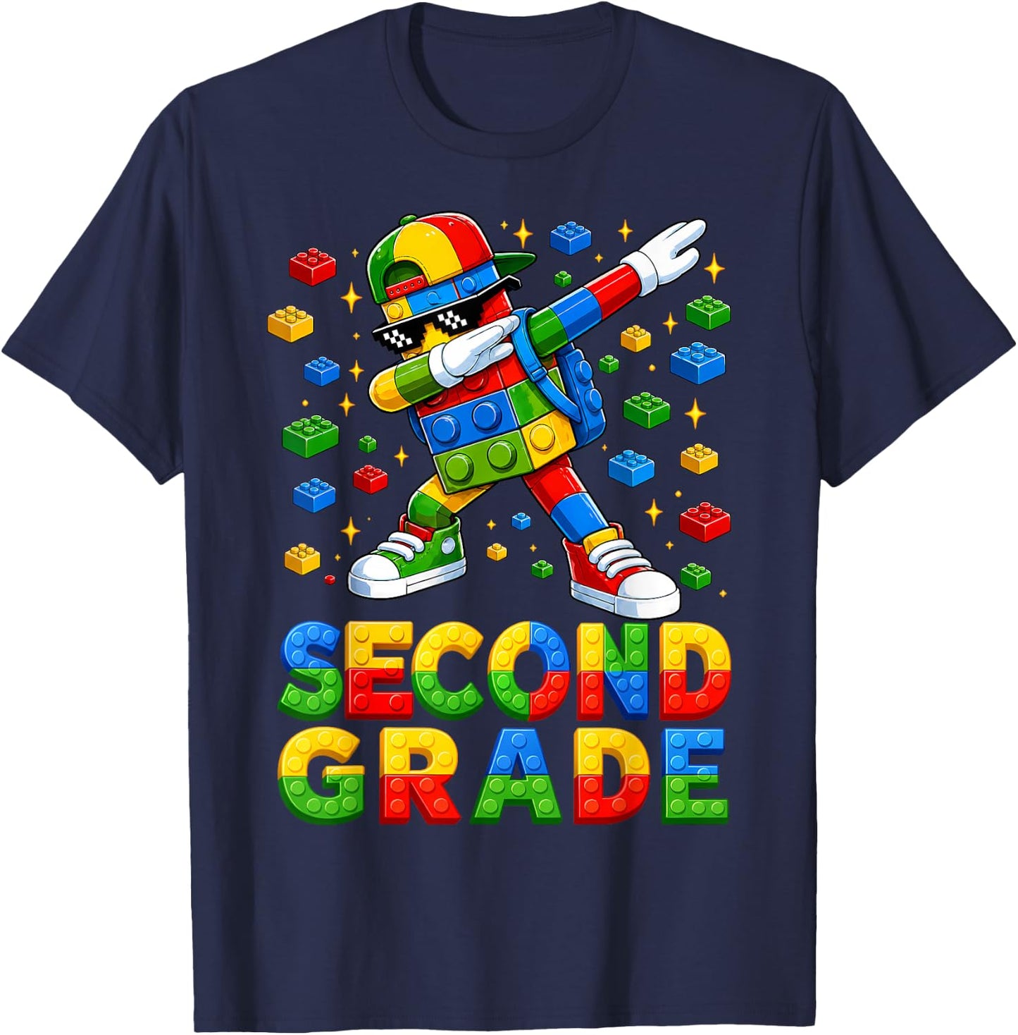 Hello 2nd Grade Kid Boy Building Blocks Brick Back to School T-Shirt - T-Shirt | Navy