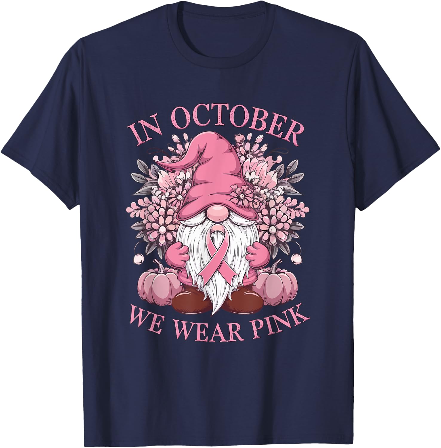 In October We Wear Pink Ribbon Gnome Fall Halloween T-Shirt - T-Shirt | Navy