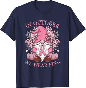 In October We Wear Pink Ribbon Gnome Fall Halloween T-Shirt - T-Shirt | Navy
