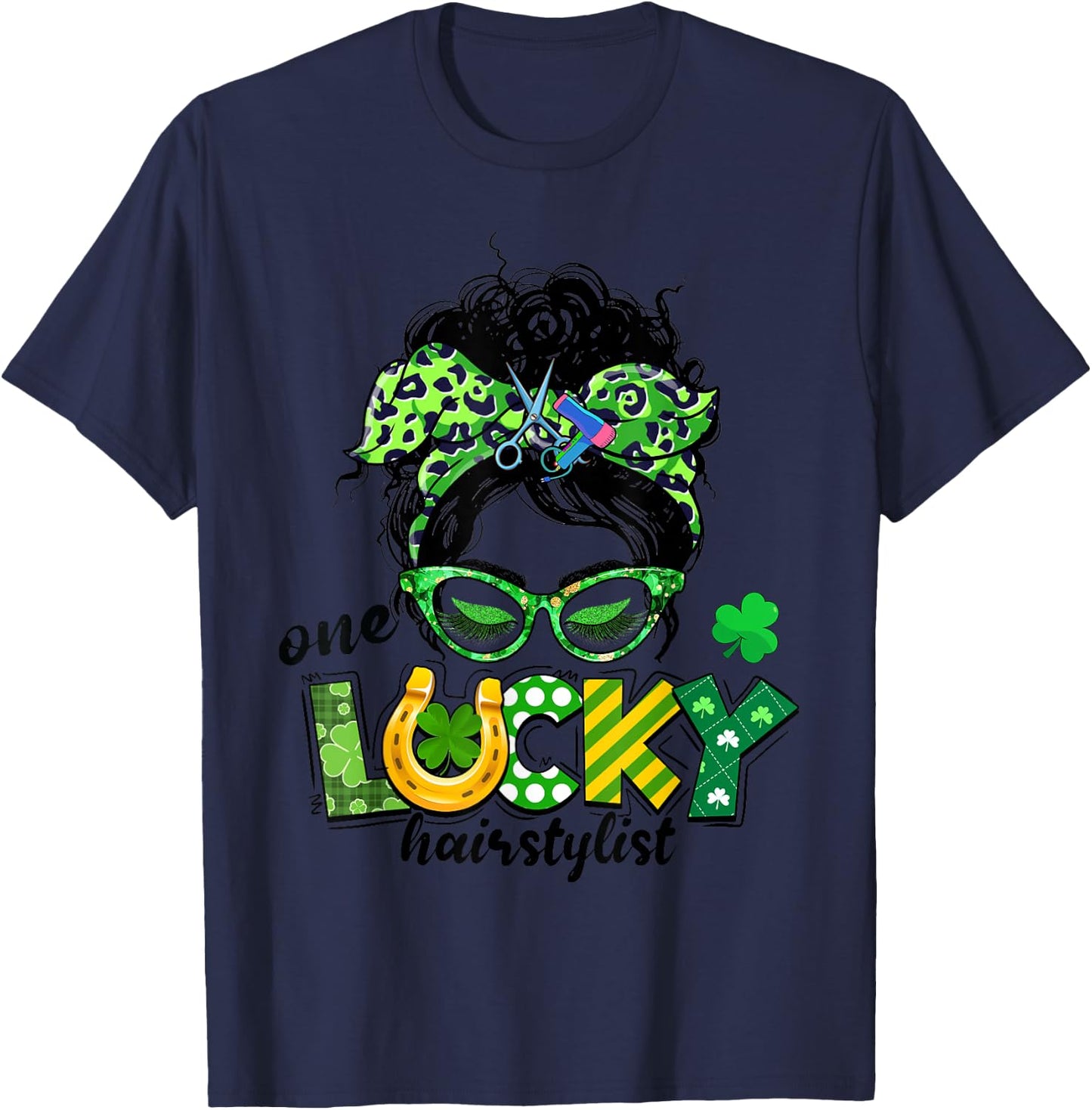 One Lucky Hairstylist Messy Bun Women St Patrick's Day T-Shirt - T-Shirt | Navy