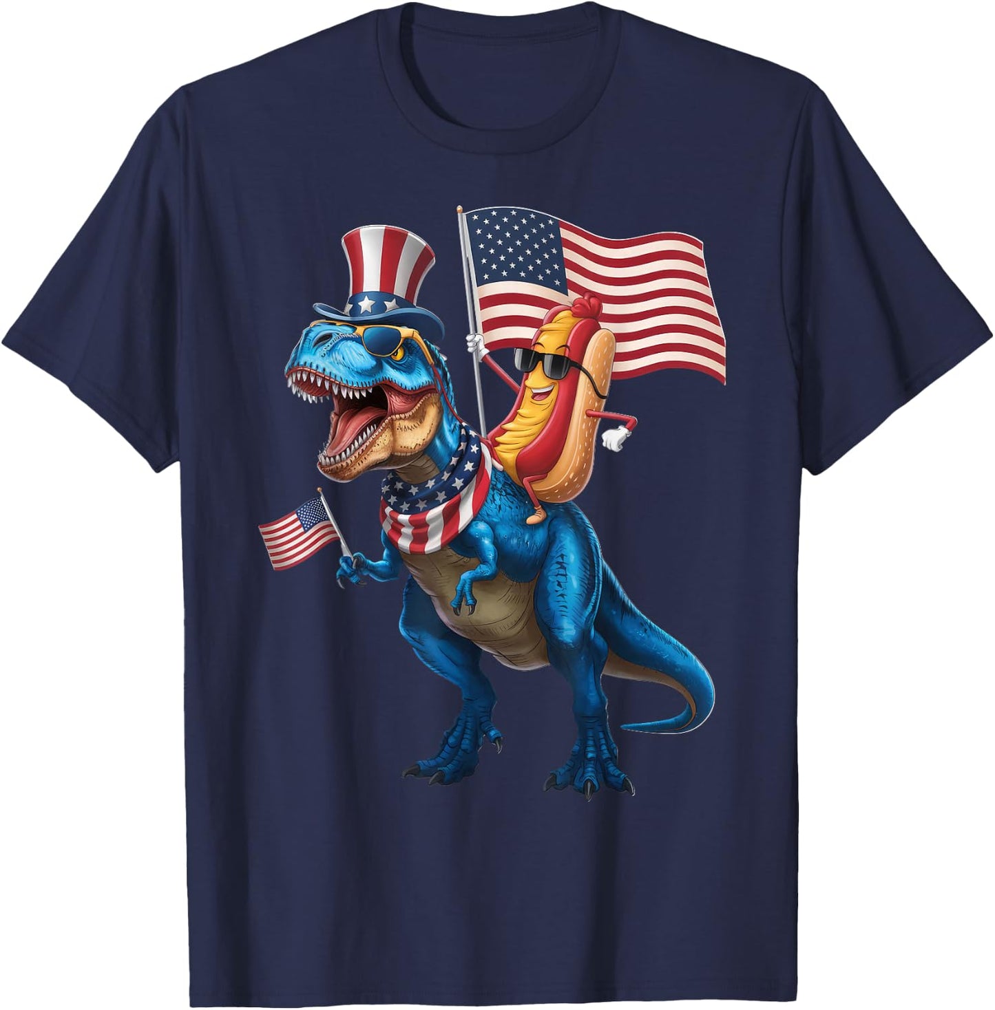 Hotdog Riding TRex Dinosaur 4th of July USA Flag T-Shirt - T-Shirt | Navy