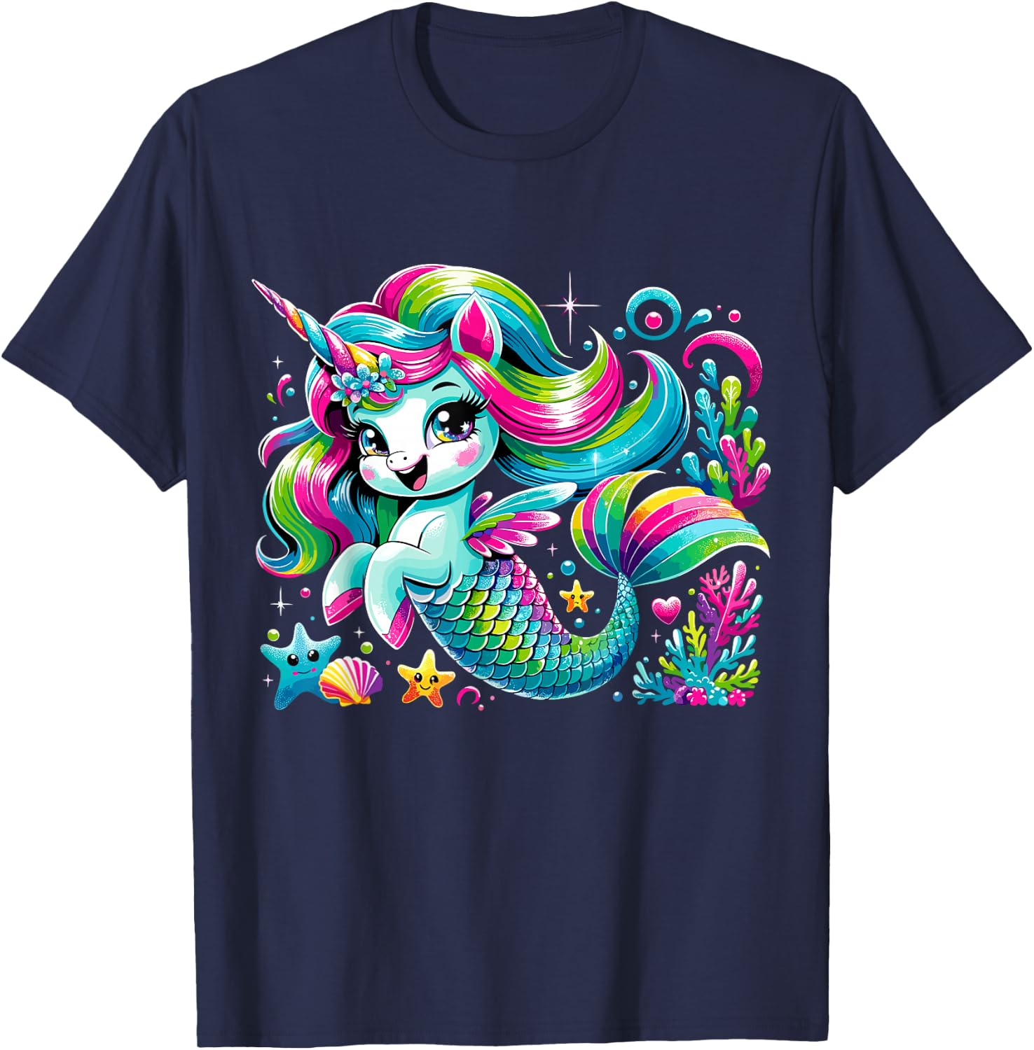 Cute Unicorn Mermaid Mermicorn T-Shirt - T-Shirt | Navy