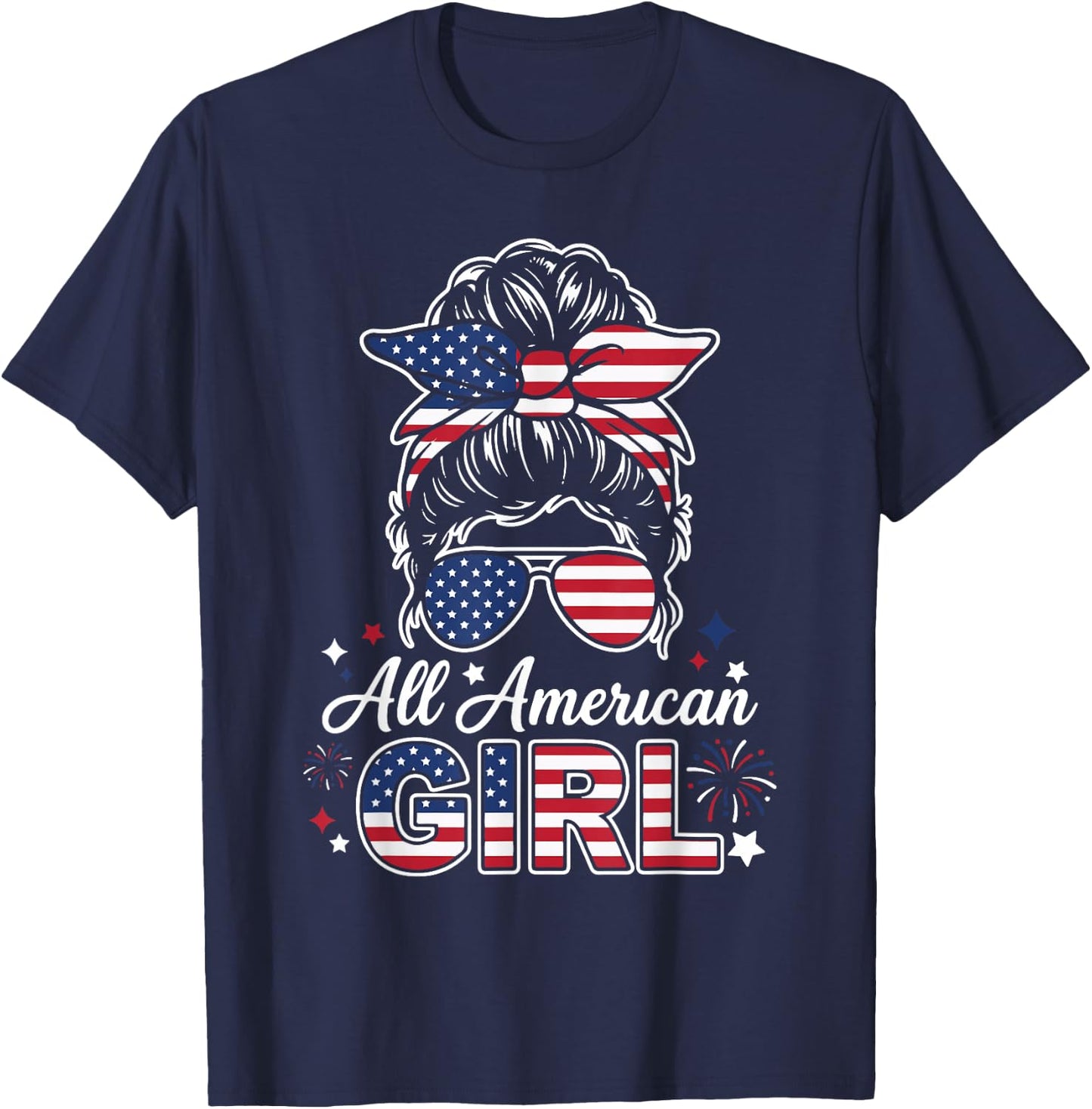 All American Girl Messy Bun USA Patriotic Style T-Shirt - T-Shirt | Navy