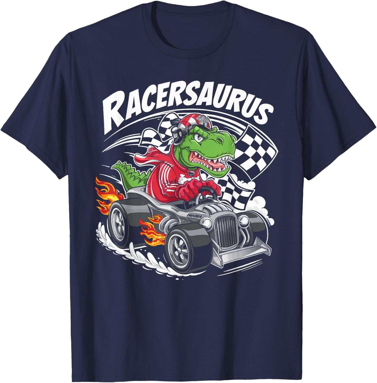 Funny Dinosaur Racer Racing Racersaurus Kids Boys T-Shirt - T-Shirt | Navy