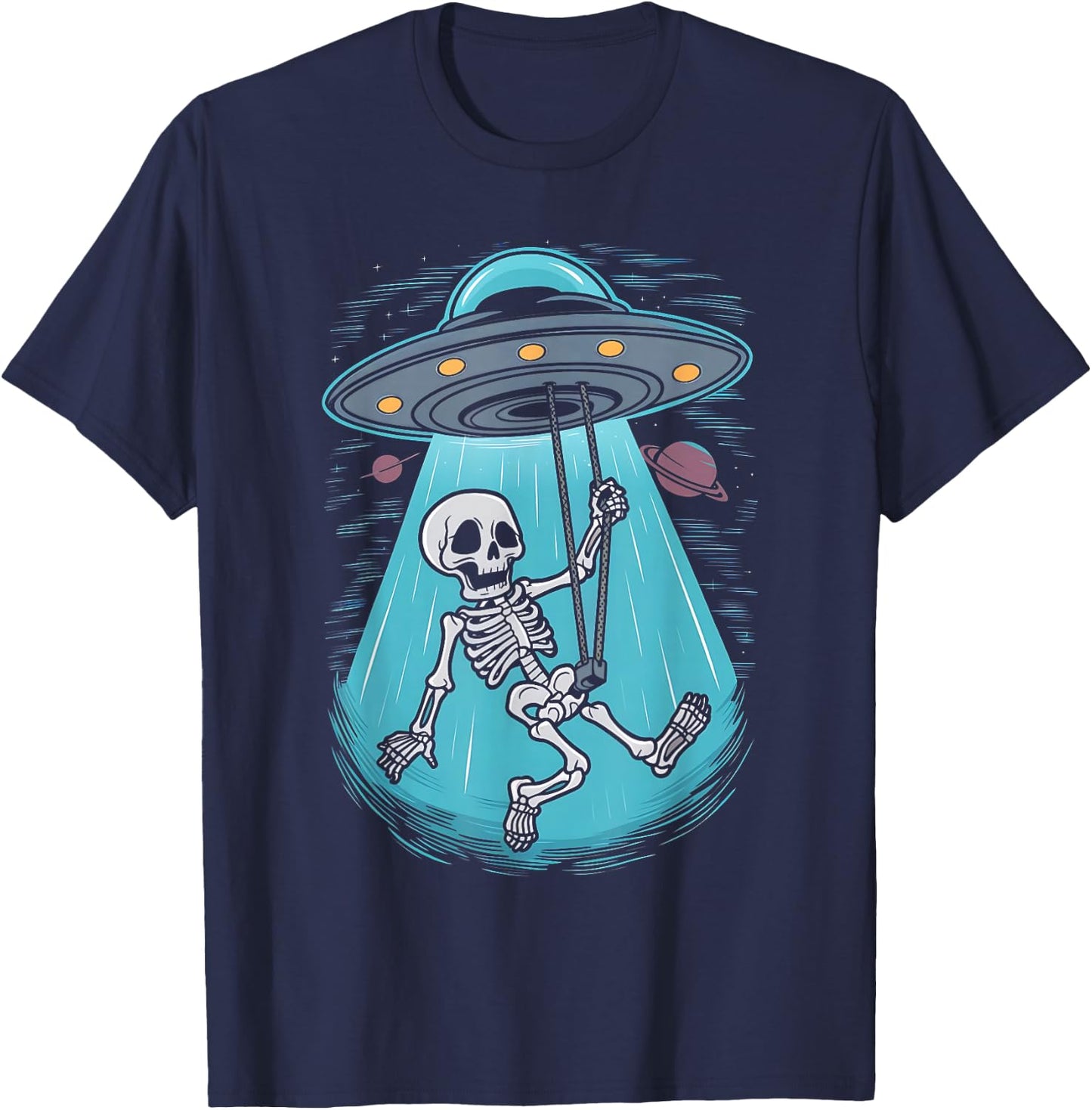 Skeleton Alien UFO Beam Swing Boys Girts Halloween Graphic T-Shirt - T-Shirt | Navy
