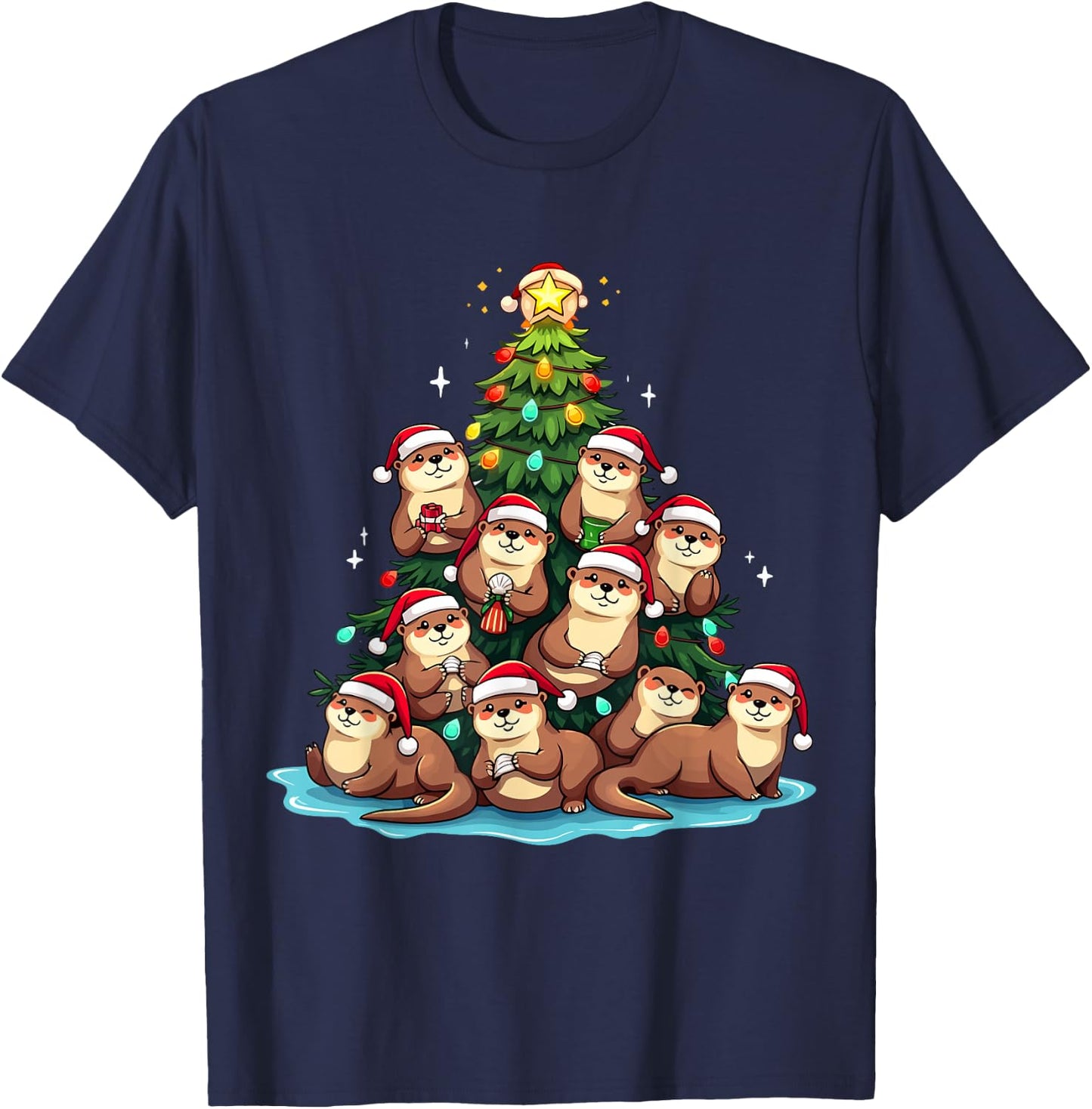 Otter Christmas Tree Funny Water Weasel Holiday T-Shirt - T-Shirt | Navy