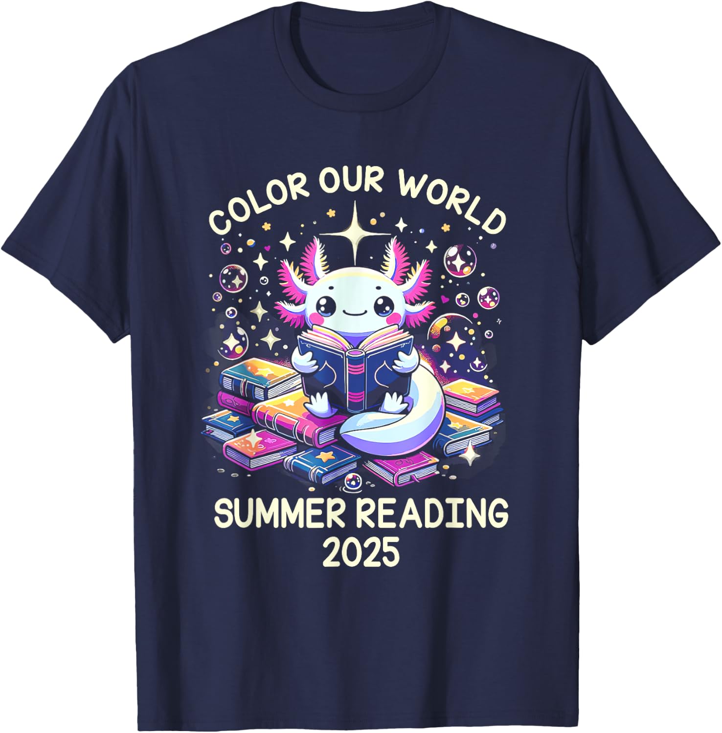 Color Our World Summer Reading Program 2025 Cute Axolotl T-Shirt - T-Shirt | Navy