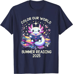 Color Our World Summer Reading Program 2025 Cute Axolotl T-Shirt - T-Shirt | Navy