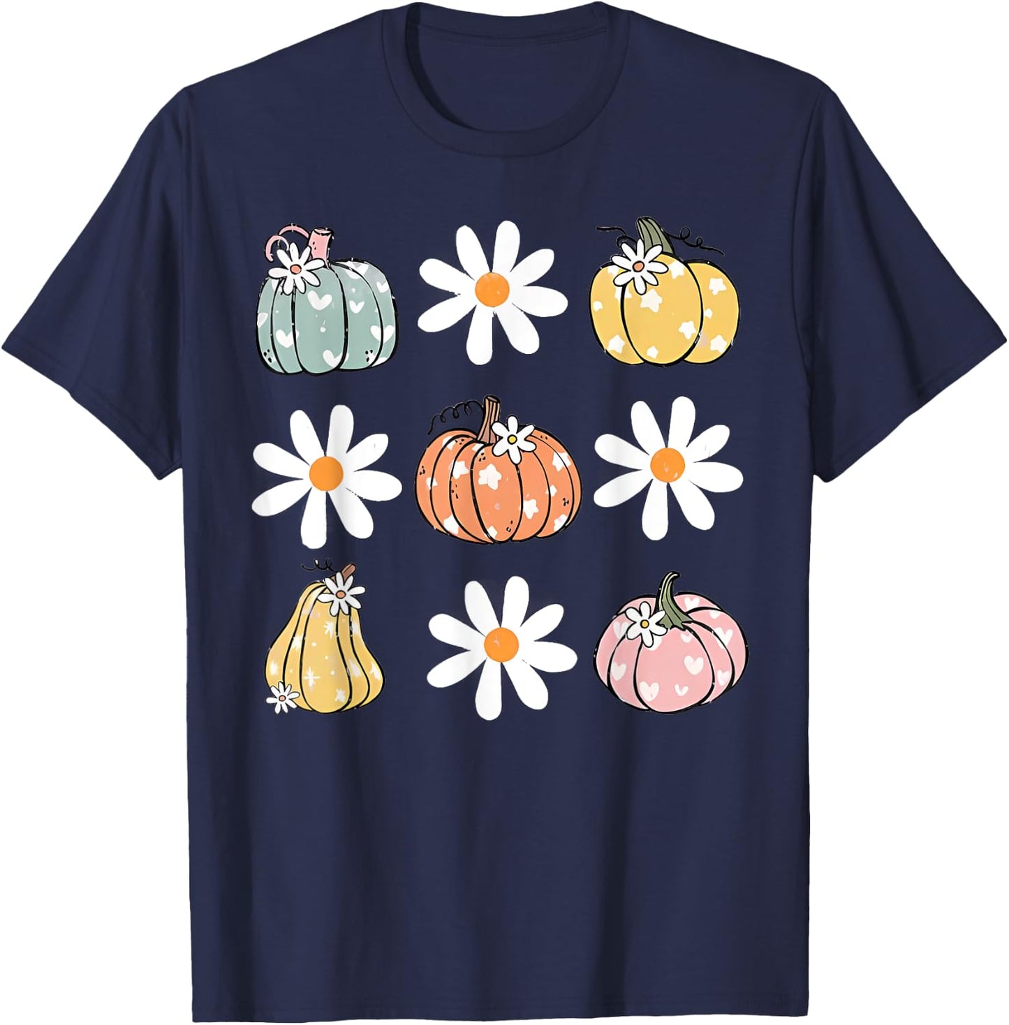 Pumpkin and Daisy Flowers Cute Fall Halloween Kids T-Shirt - T-Shirt | Navy