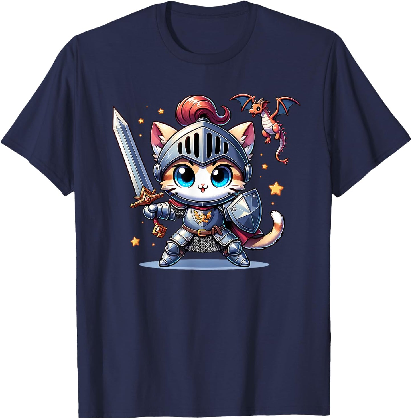 Ren Faire Medieval Knight Cat Kitten Sword Dragon Graphic T-Shirt - T-Shirt | Navy