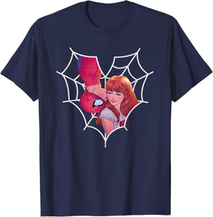 Marvel Spider-Man and Mary Jane Kiss Heart Web T-Shirt - T-Shirt | Navy