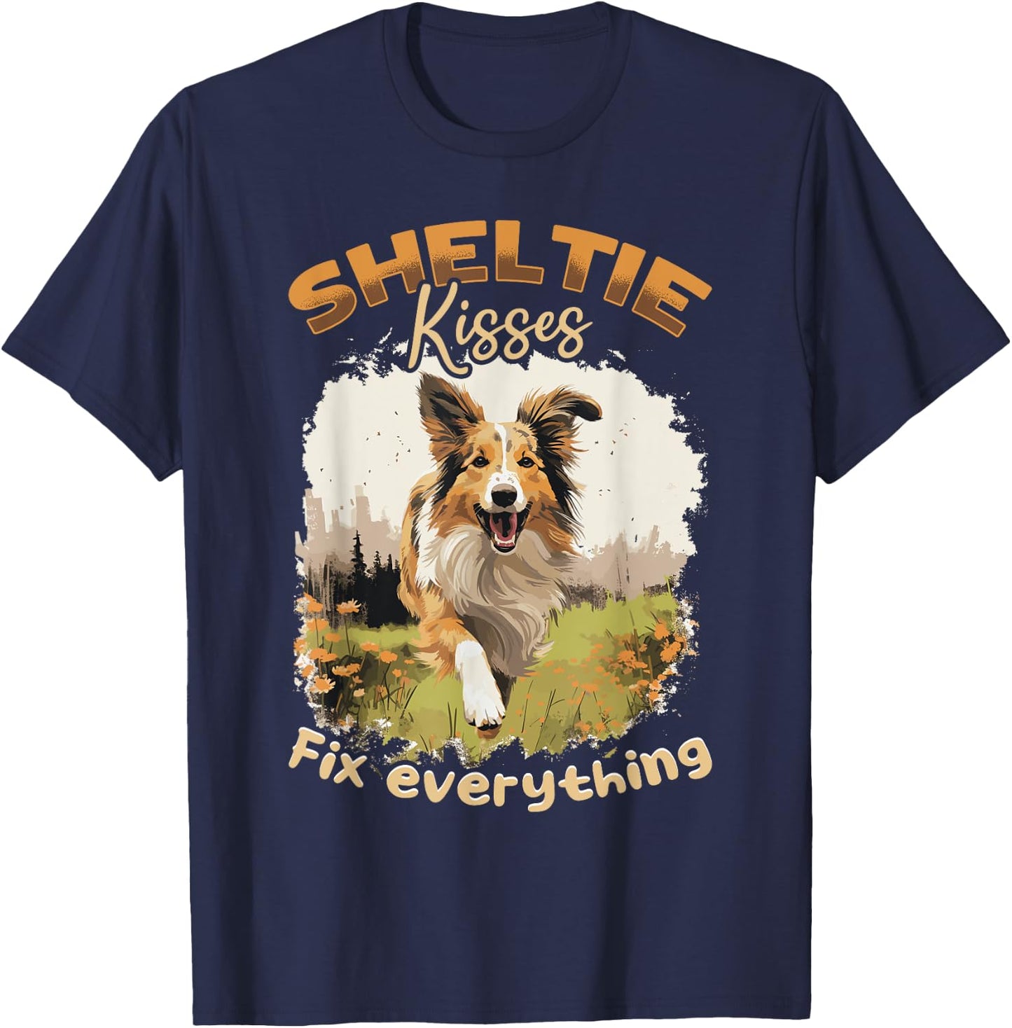 Shetland Sheepdog Dog Sheltie Sheltie kisses Fix everything Women Kids T-Shirt - T-Shirt | Navy