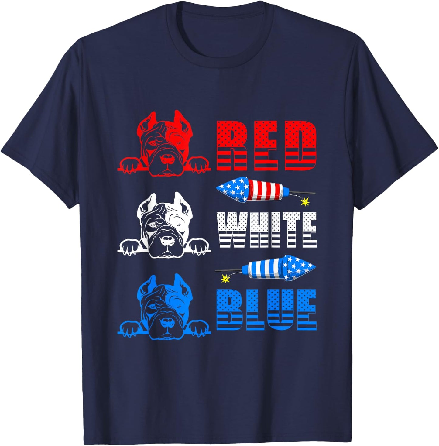 Red White Blue Three Cute Pit Bull 4th Of July American Flag T-Shirt - T-Shirt | Navy