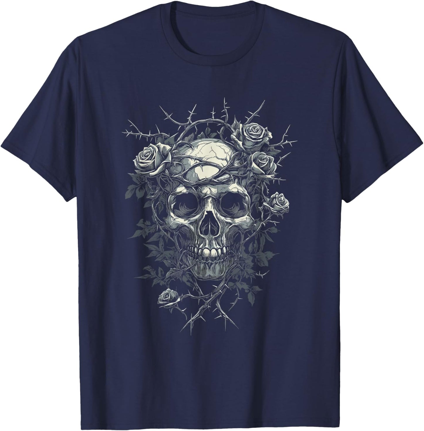 Totenkopf mit Rosen und Dornen - Gothic T-Shirt - T-Shirt | Navy