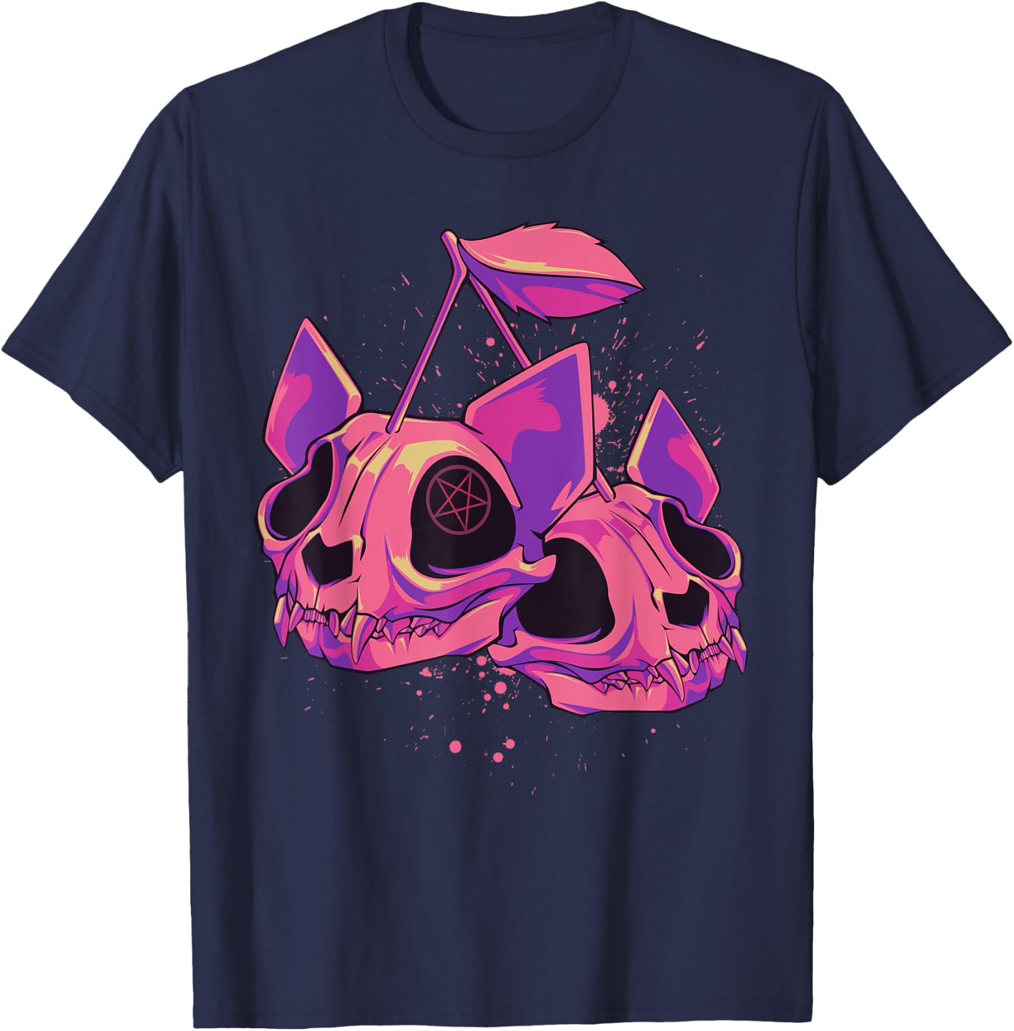Pastel Goth Soft Grunge Cherry Cat Skulls T-Shirt - T-Shirt | Navy