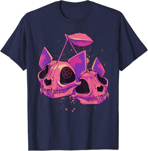 Pastel Goth Soft Grunge Cherry Cat Skulls T-Shirt - T-Shirt | Navy