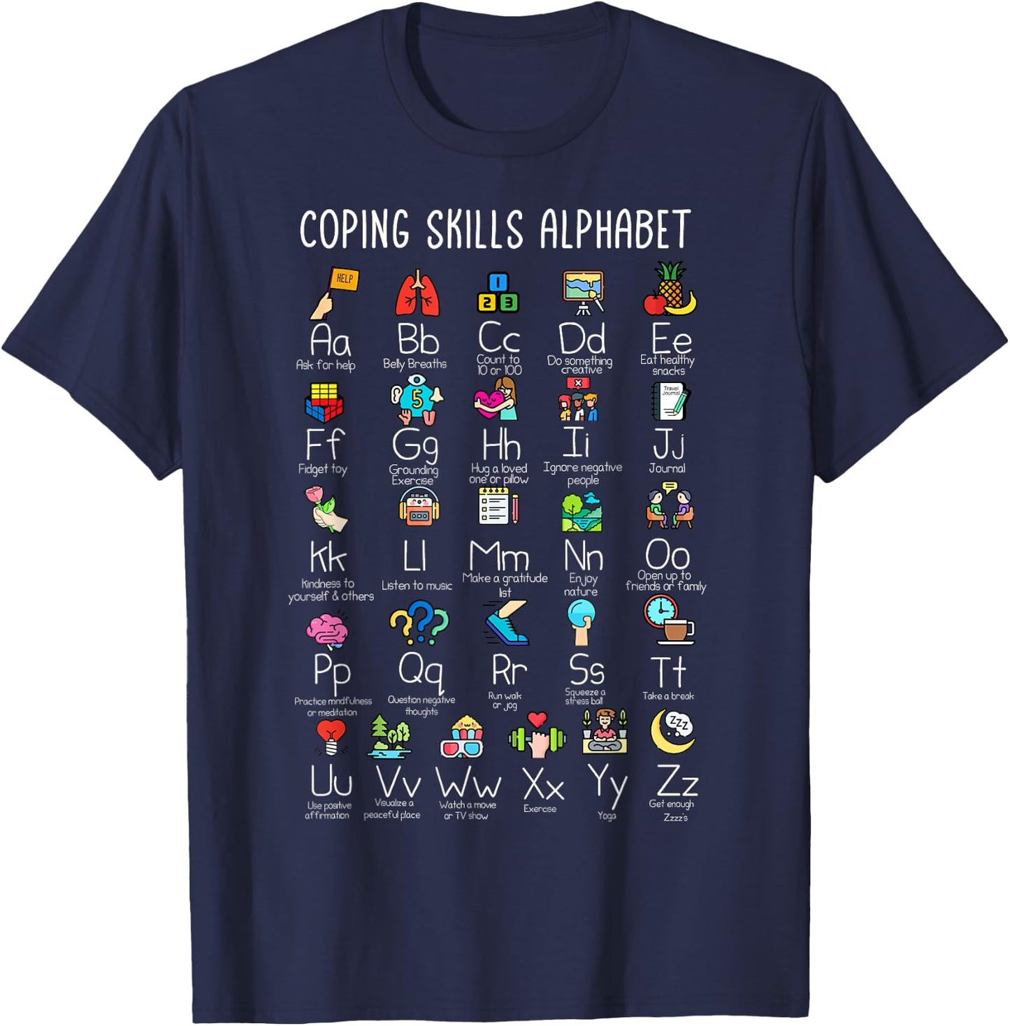 Counselor - Coping Skills Alphabet Mental Health Awareness T-Shirt - T-Shirt | Navy
