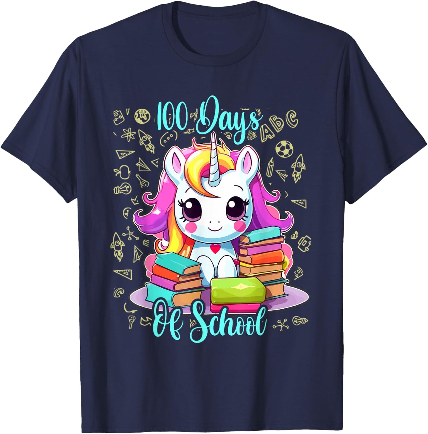 100 Days Of School Unicorn Shirt Girls, 100th Day Of School T-Shirt - T-Shirt | Navy