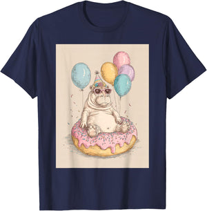 Funny Birthday Party Hippo Teen Boys Girls T-Shirt - T-Shirt | Navy