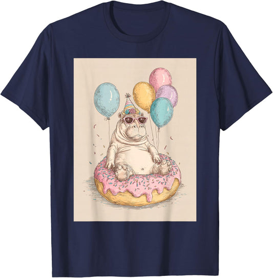 Funny Birthday Party Hippo Teen Boys Girls T-Shirt - T-Shirt | Navy
