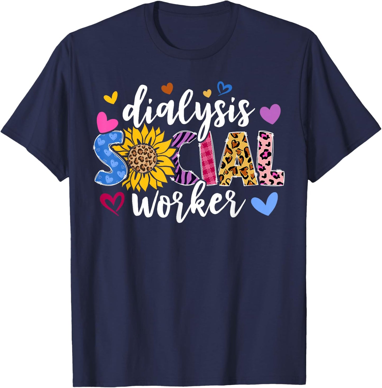 Dialysis Social Worker Heart Leopard Sunflower T-Shirt - T-Shirt | Navy
