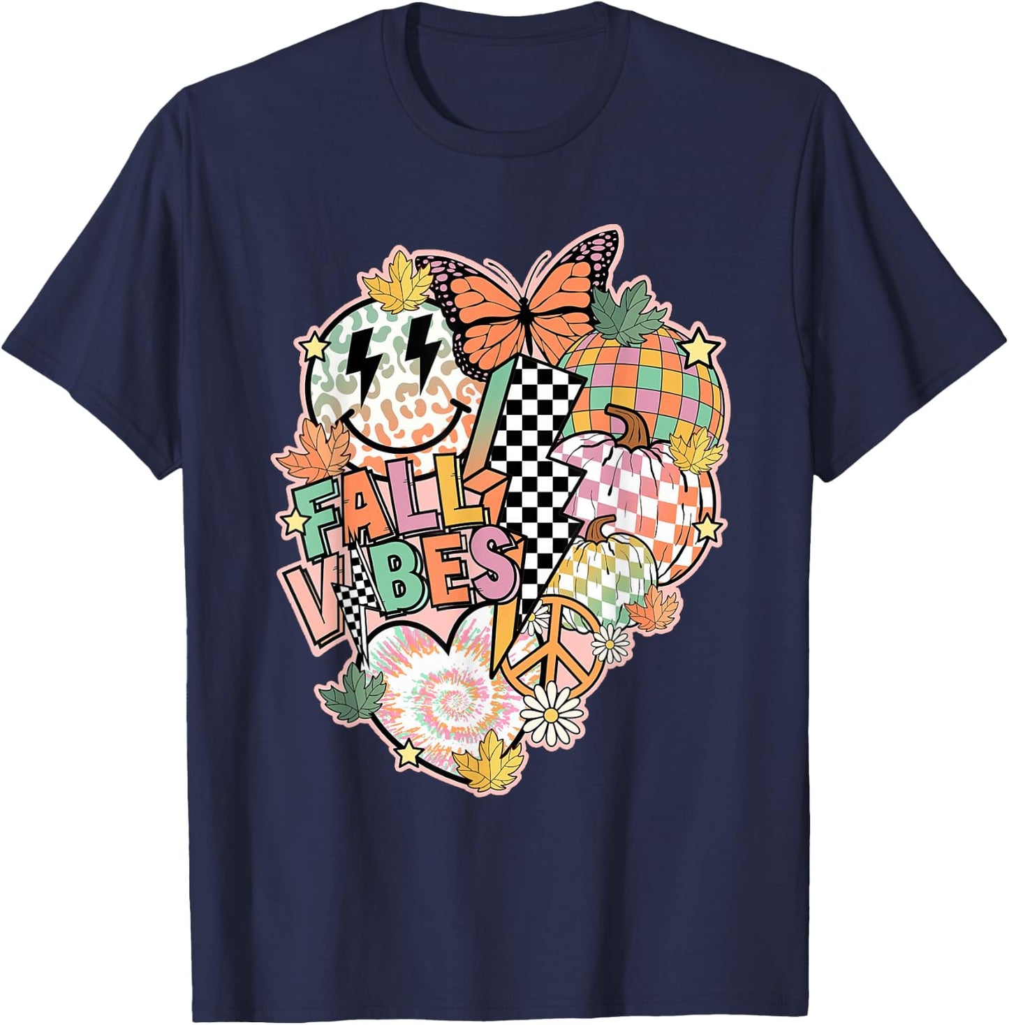 Fall Vibes Smile Face Hippie Groovy Thanksgiving Autumn T-Shirt - T-Shirt | Navy