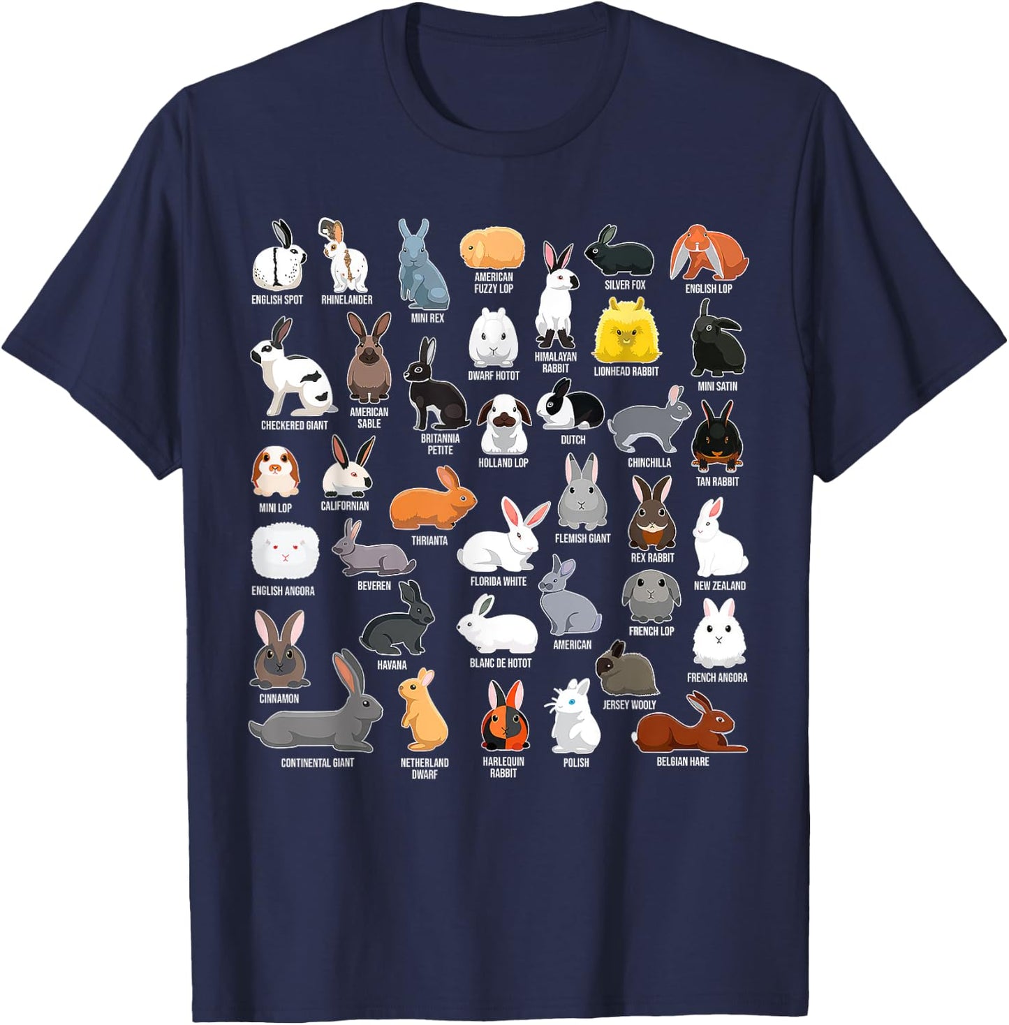 Types Of Rabbits Bunny Lover Animals Pet Men Women Kids T-Shirt - T-Shirt | Navy