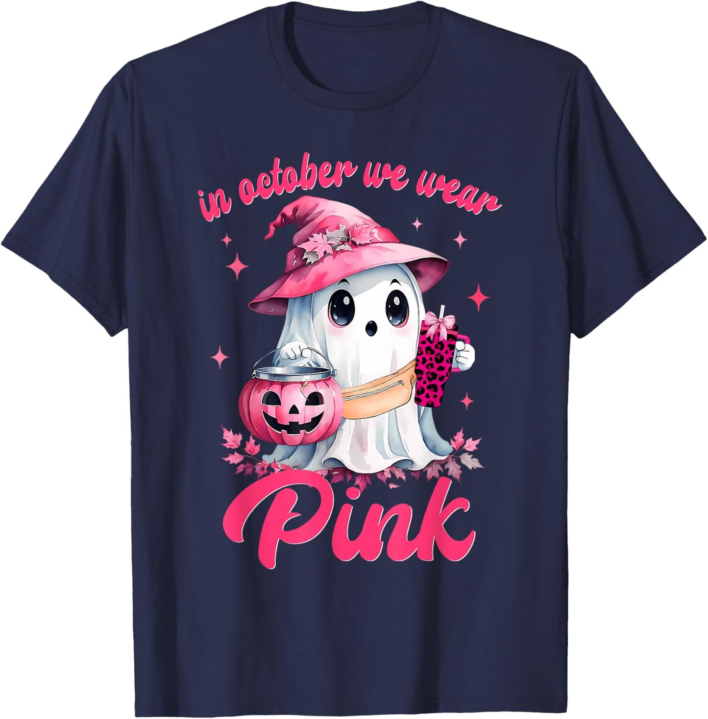 In October We Wear Pink Ghost Witch Breast Cancer Awareness T-Shirt - T-Shirt | Navy