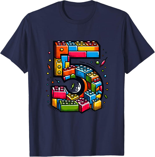 Children's 5th Birthday with Building Blocks Gift , black T-Shirt - T-Shirt | Navy