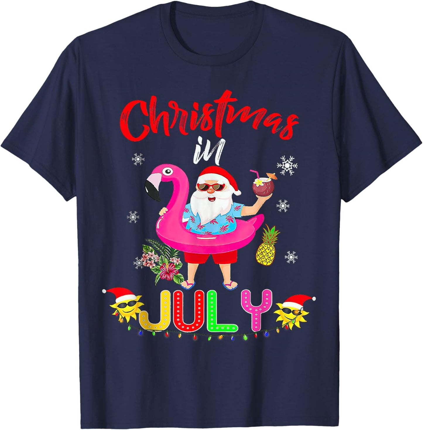 Christmas in July Santa Hawaiian flamingo T-Shirt - T-Shirt | Navy