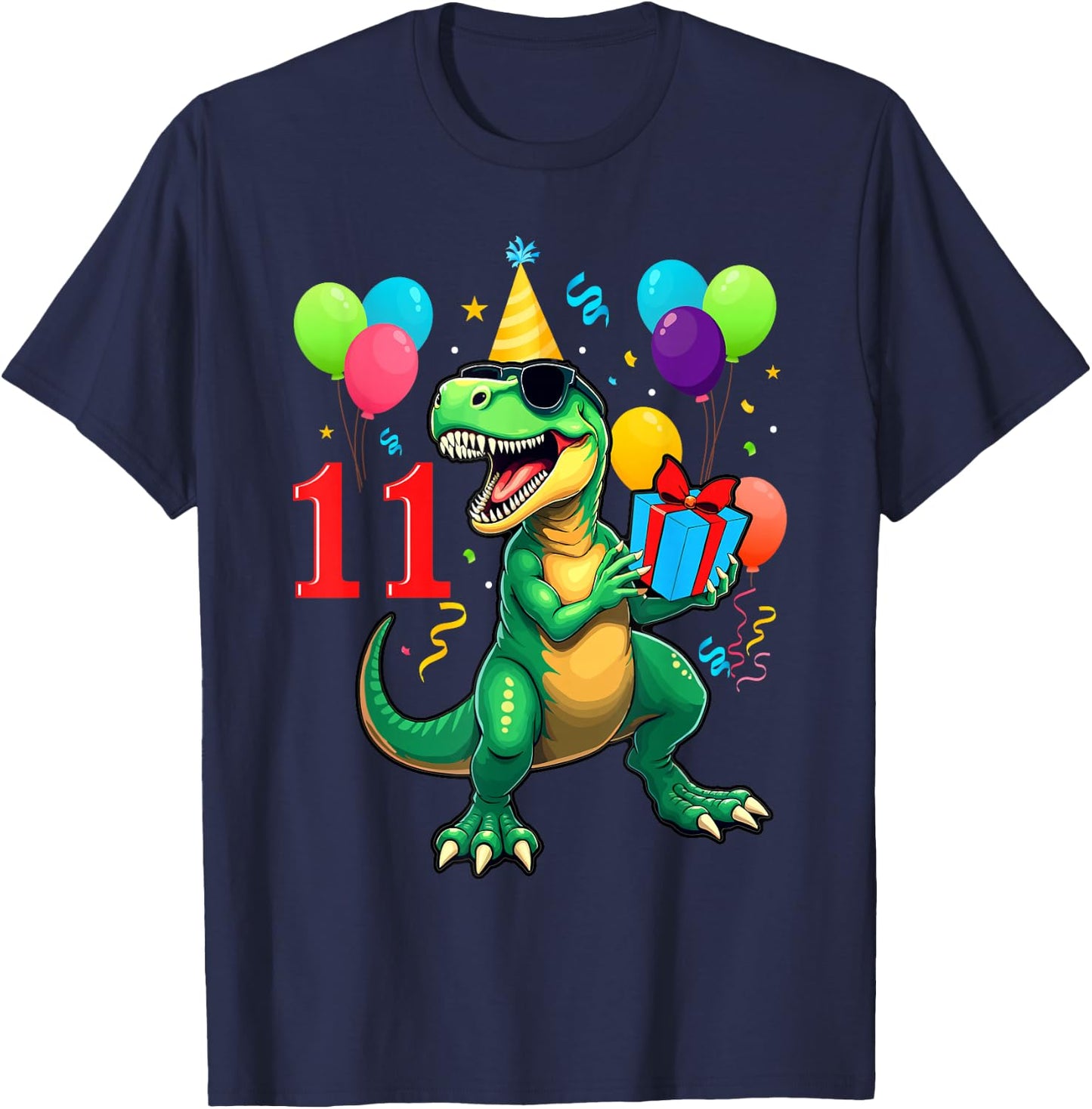 11th Birthday Shirt Boy Dinosaur Happy Bday T-rex Party Kids T-Shirt - T-Shirt | Navy