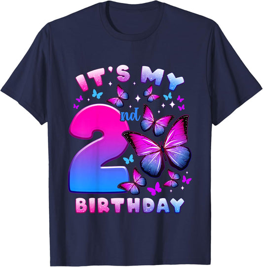 Birthday Girl 2 Years Old Butterfly Number 2 T-Shirt - T-Shirt | Navy