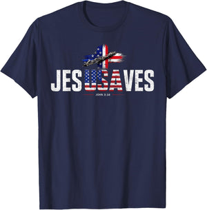 Jesus Saves Cross Subtle Christian Religious Faith USA Flag T-Shirt - T-Shirt | Navy