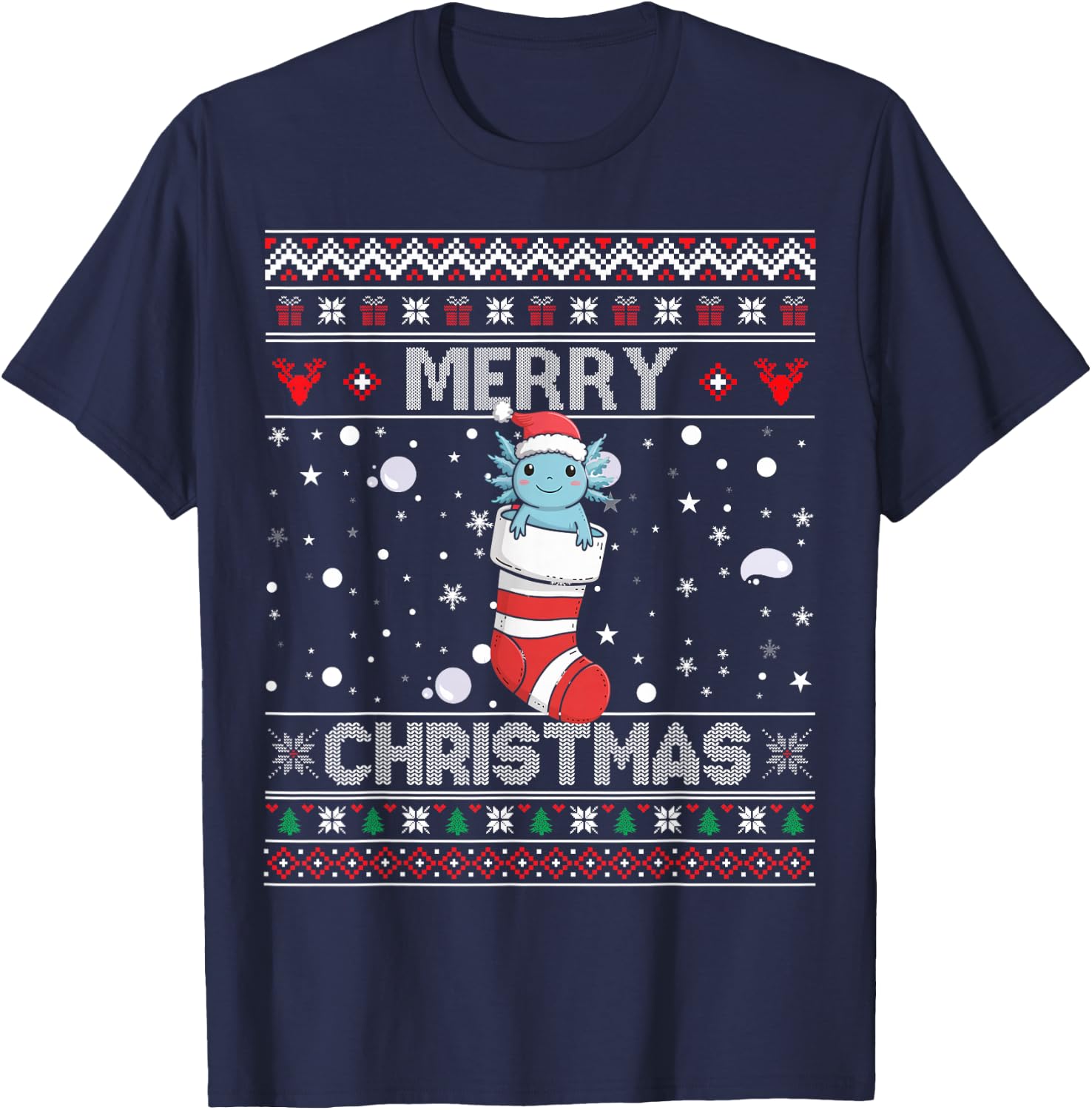 Axolotl Stocking Merry Ugly Christmas Kawaii Sweater Holiday T-Shirt - T-Shirt | Navy