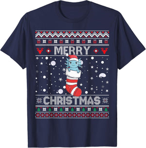 Axolotl Stocking Merry Ugly Christmas Kawaii Sweater Holiday T-Shirt - T-Shirt | Navy