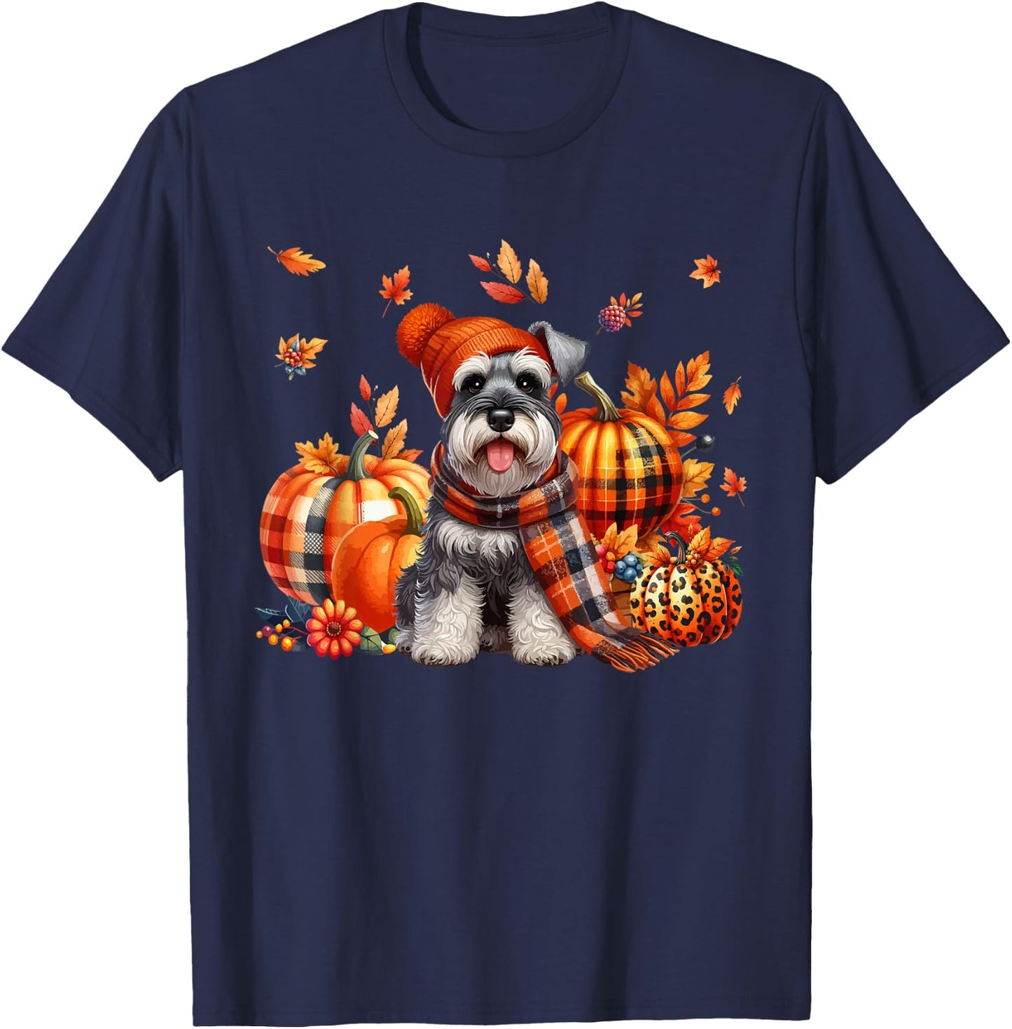 Schnauzer Thanksgiving Leopard Pumpkins Fall Leaves Lover T-Shirt - T-Shirt | Navy