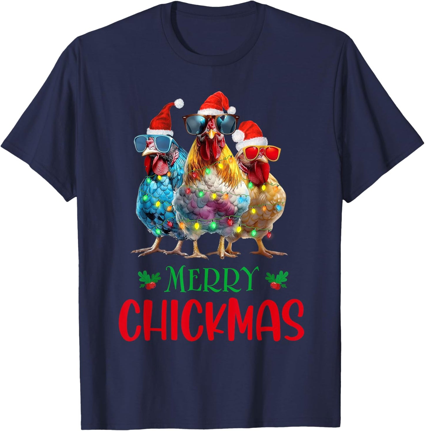 Merry Chickmas Ornament Lights Chicken Farmer Christmas T-Shirt - T-Shirt | Navy