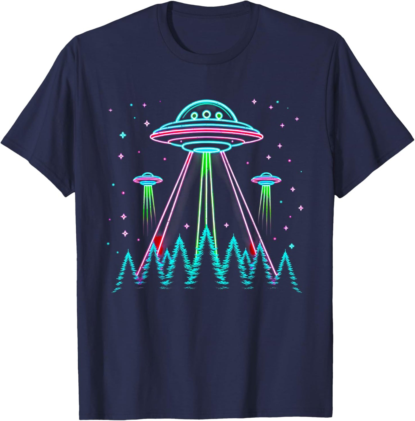 UFO Abduction Line Art Moon Day Alien Spaceship Sci-fi T-Shirt - T-Shirt | Navy